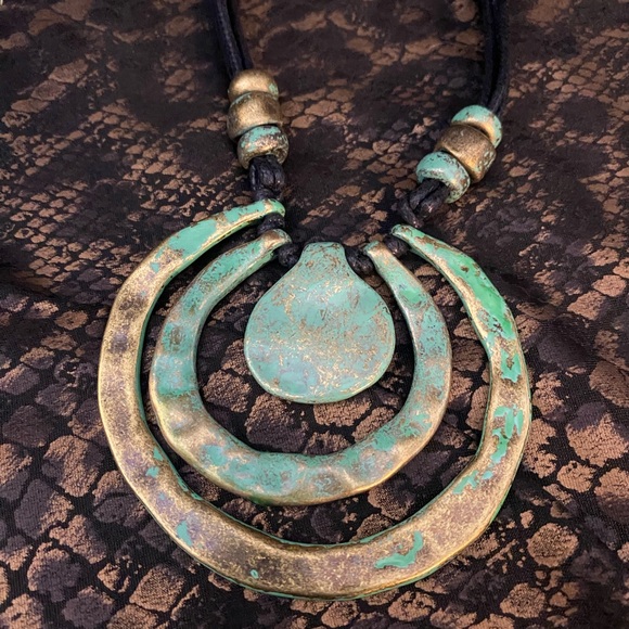 Artisan Green and Gold Statement Necklace - Picture 5 of 6